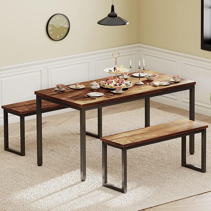 soges Kitchen Table Set with 2 Benches, Bench Dining Table Set for 4, 3 Piece Dining Room Table and Long Benches, Breakfast Table Coffee Table Set, Industrial Style Wooden Kitchen and Dining Room Set - LeafyLoom