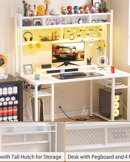 armocity 2024 Upgrade Gaming Desk with Hutch, 48'' Magic Computer Desk with LED Lights and Outlets, Reversible Workstation Desk with Pegboard and Monitor Stand, 48 Gamer Desk PC Table, White - LeafyLoom