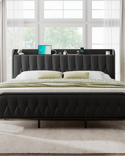 Feonase King Bed Frame with Type-C & USB Port, Metal Platform Beds, with Faux Leather Upholstered Headboard & Footboard, 12" Underbed Storage Space, Easy Assembly, Noise-Free, Black - LeafyLoom