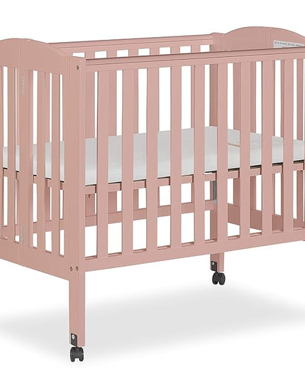 2-in-1 Portable Folding Stationary Side Crib in Dusty Pink, Greenguard Gold Certified, Two Adjustable Mattress Height Positions,Made of Solid Pinewood, Flat Folding Crib - LeafyLoom
