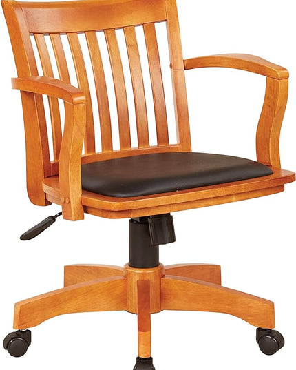 OSP Home Furnishings Deluxe Wood Banker's Desk Chair with Padded Seat, Adjustable Height and Locking Tilt, Fruitwood Finish and Black Vinyl - LeafyLoom