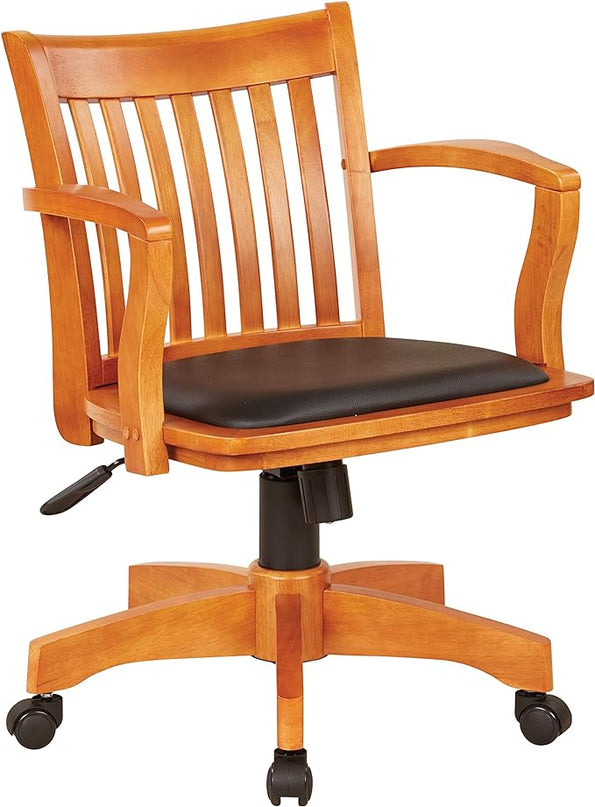 OSP Home Furnishings Deluxe Wood Banker's Desk Chair with Padded Seat, Adjustable Height and Locking Tilt, Fruitwood Finish and Black Vinyl - LeafyLoom