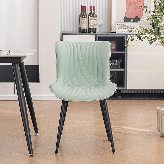 YOUTASTE Sage Green Dining Chairs Set of 2 Upholstered Mid Century Modern Kitchen Dining Room Chairs Armless Faux Leather Accent Chairs Metal Vanity Lounge Chair with Back for Bedrooms, Mint Green - LeafyLoom