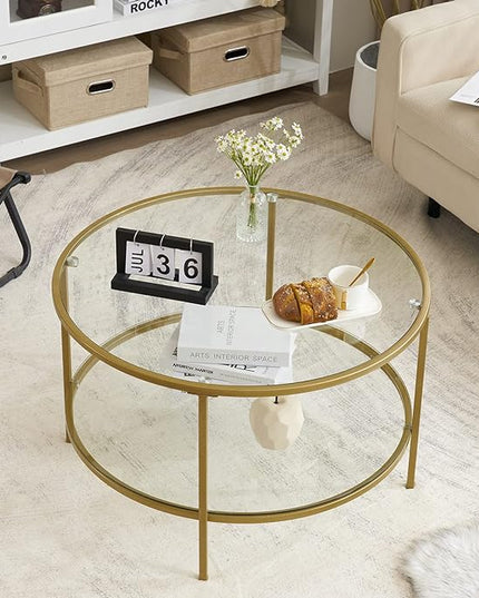 VINGLI Glass Coffee Table, 30" Round Champagne Gold Coffee Tables for Living Room,2-Tier Glass Top Coffee Table with Storage Clear Coffee Table,Simple & Modern Center Table Mesa de Centro Para Sala - LeafyLoom