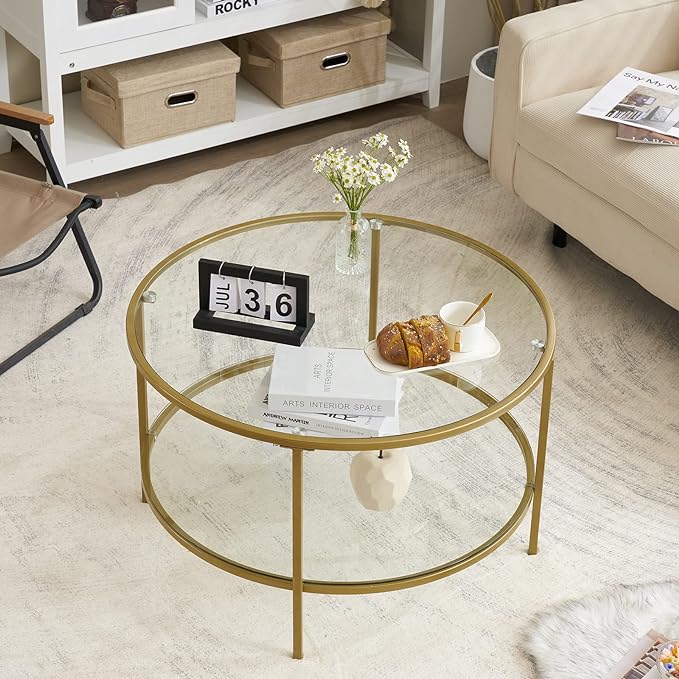 VINGLI Glass Coffee Table, 30" Round Champagne Gold Coffee Tables for Living Room,2-Tier Glass Top Coffee Table with Storage Clear Coffee Table,Simple & Modern Center Table Mesa de Centro Para Sala - LeafyLoom