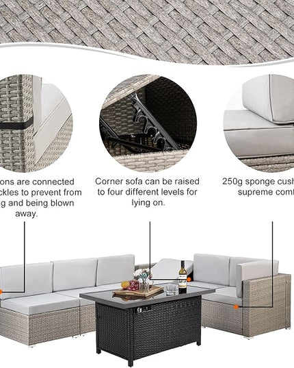 Pamapic 8 Pieces Patio Conversation Sets with fire Pit, Patio Furniture Sectional Sofa with Gas Fire Pit Table(Grey Wicker,Grey Cushions) - LeafyLoom