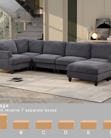 129.5" Modular Sectional Couch with Ottoman,6 Seat Chenille Corner Sofa with Seat Cushions Have a Built-in sSpring Pack,Multi-layered Plywood,for Living Room, Apartment, Bedroom, Office - LeafyLoom