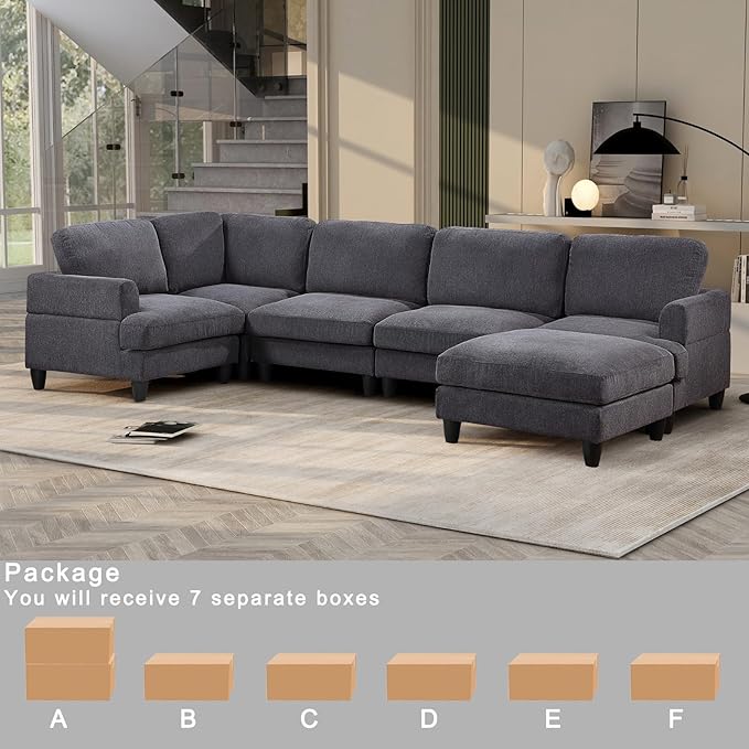 129.5" Modular Sectional Couch with Ottoman,6 Seat Chenille Corner Sofa with Seat Cushions Have a Built-in sSpring Pack,Multi-layered Plywood,for Living Room, Apartment, Bedroom, Office - LeafyLoom