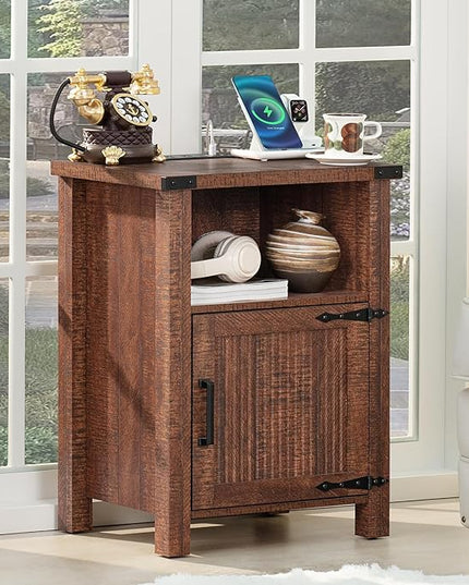 Night Stand with Charging Station and USB Port, 18 Inch Farmhouse Nightstand with Storage Shelf, Rustic Wood Bedside Table with Magnetic Door, Bed Side Tables for Bedroom, Reclaimed Barnwood - LeafyLoom