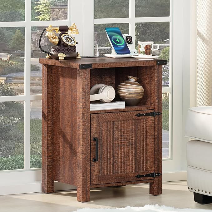 Night Stand with Charging Station and USB Port, 18 Inch Farmhouse Nightstand with Storage Shelf, Rustic Wood Bedside Table with Magnetic Door, Bed Side Tables for Bedroom, Reclaimed Barnwood - LeafyLoom