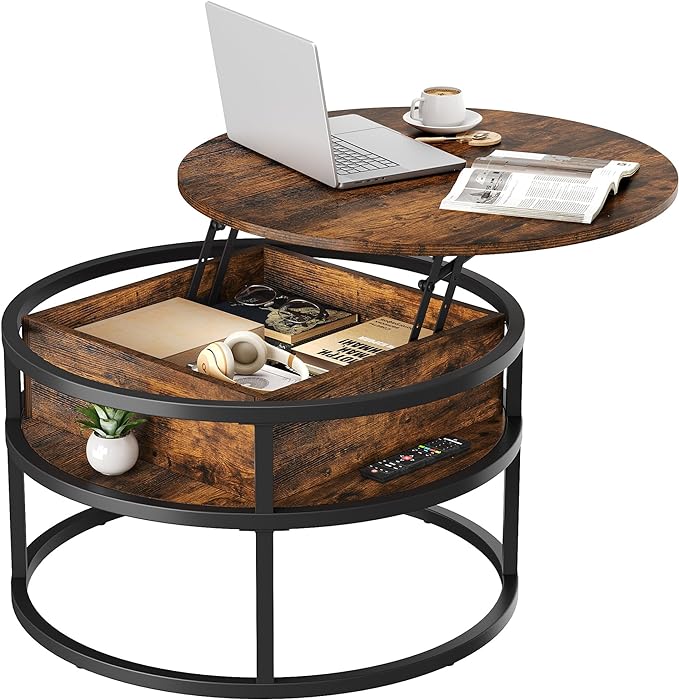 YITAHOME Round Lift Top Coffee Table, Coffee Tables for Living Room with Hidden Storage Compartment, Modern Coffee Table with Storage for Home Office,Round Center Tables Living Room,Rustic Brown - LeafyLoom