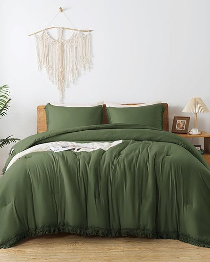 Andency Olive Green Comforter Set Queen, 3 Pieces Boho Tassel Lightweight Bedding Comforter Sets, All Season Soft Fluffy Fringe Bed Set (90x90In Comforter & 2 Pillowcases) - LeafyLoom