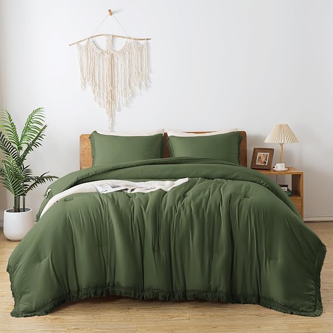 Andency Olive Green Comforter Set Queen, 3 Pieces Boho Tassel Lightweight Bedding Comforter Sets, All Season Soft Fluffy Fringe Bed Set (90x90In Comforter & 2 Pillowcases) - LeafyLoom