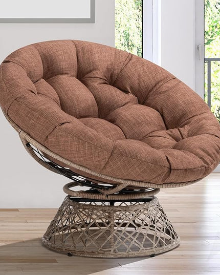 Bme 40" Ergonomic Wicker Papasan Chair with Soft Thick Density Fabric Cushion, High Capacity Steel Frame, 360 Degree Swivel for Living, Bedroom, Reading Room, Lounge, Cinnamon Mocha - Brown Base - LeafyLoom