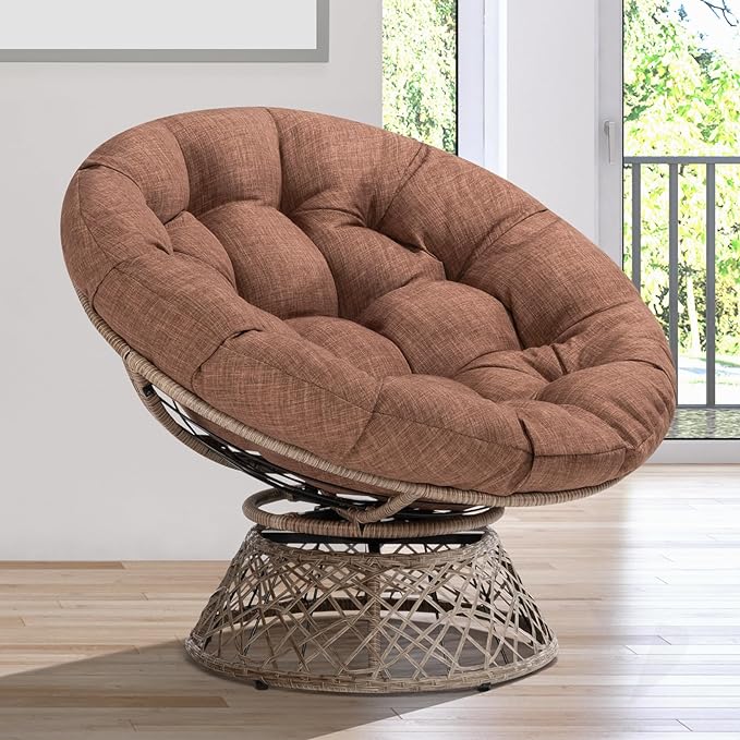Bme 40" Ergonomic Wicker Papasan Chair with Soft Thick Density Fabric Cushion, High Capacity Steel Frame, 360 Degree Swivel for Living, Bedroom, Reading Room, Lounge, Cinnamon Mocha - Brown Base - LeafyLoom