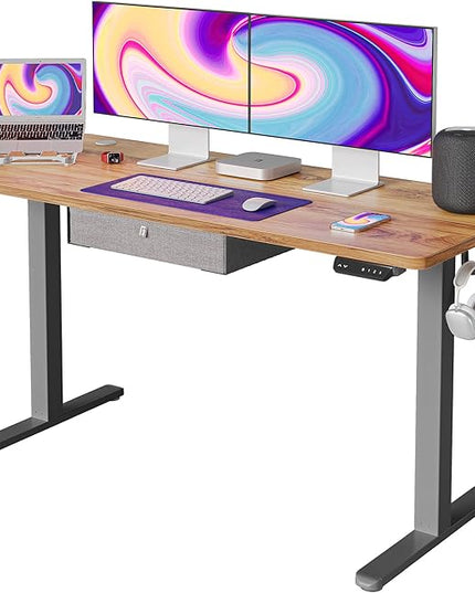 FEZIBO Standing Desk with Drawer, 55 x 24 Inches Adjustable Height Electric Stand up Desk with Storage, Sit Stand Home Office Desk, Light Rustic/Grey Frame - LeafyLoom