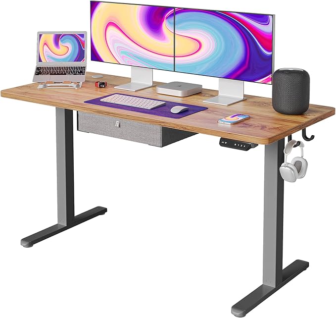FEZIBO Standing Desk with Drawer, 55 x 24 Inches Adjustable Height Electric Stand up Desk with Storage, Sit Stand Home Office Desk, Light Rustic/Grey Frame - LeafyLoom