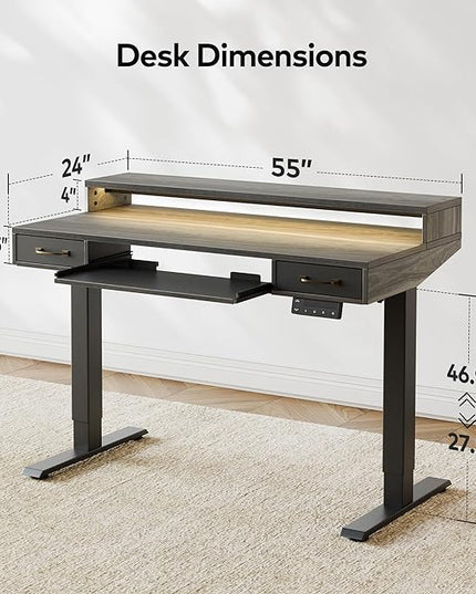FEZIBO 55 x 25 Inch Height Adjustable Electric Standing Desk with Double Drawers&Keyboard Tray, Stand Up Desk with LED Strips, Sit Stand Desk with Monitor Stand, Rustic Grey - LeafyLoom