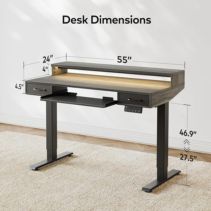 FEZIBO 55 x 25 Inch Height Adjustable Electric Standing Desk with Double Drawers&Keyboard Tray, Stand Up Desk with LED Strips, Sit Stand Desk with Monitor Stand, Rustic Grey - LeafyLoom