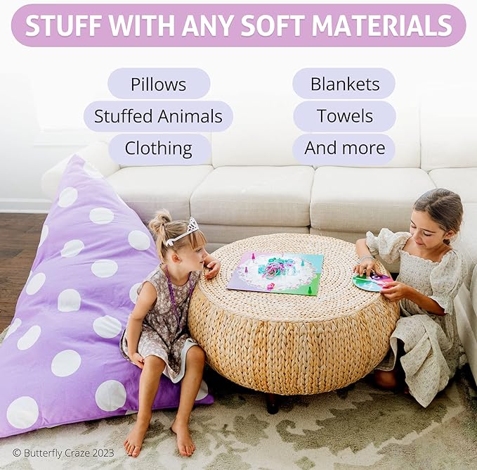 Butterfly Craze Bean Bag Chair Cover, Functional Toddler Toy Organizer, Fill with Stuffed Animals to Create a Jumbo, Comfy Floor Lounger for Boys or Girls, Stuffing Not Included, Purple Polka Dots - LeafyLoom
