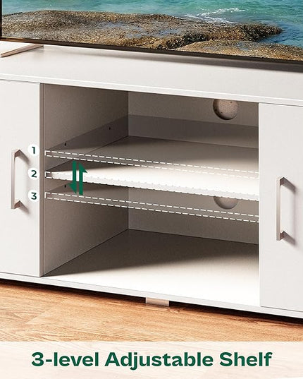 TV Stand for 55 Inch TV, Entertainment Center with Storage, 2 Cabinets, TV Console Media Cabinet with 6 Cable Holes, White TV Stand for Living Room, Bedroom - LeafyLoom