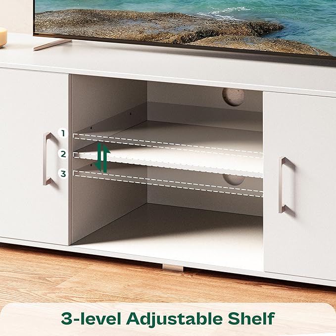 TV Stand for 55 Inch TV, Entertainment Center with Storage, 2 Cabinets, TV Console Media Cabinet with 6 Cable Holes, White TV Stand for Living Room, Bedroom - LeafyLoom
