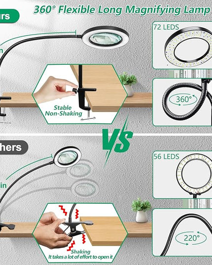 HITTI 12X Large Lens Magnifying Glass with Light, 3 Color Modes Stepless Dimmable Lighted Magnifying Lamp and Clamp, Flexible Gooseneck LED Magnifier Light Stand for Craft Hobby Painting Repairs - LeafyLoom