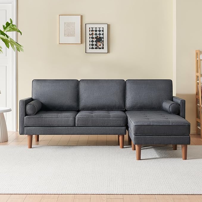 Vonanda Sectional Couch L Shaped Couch, Convertible Sectional Sofa with Reversible Chaise and Tufted Seat, Fabric Small Couch for Apartment and Small Living Space, Dark Grey - LeafyLoom
