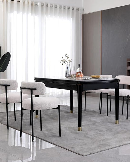 White Dining Chairs Set of 4 Round Upholstered Boucle Dining Room Chairs Mid-Century Modern Kitchen Chairs Curved Backrest Chairs for Dining Room Black Metal Legs - LeafyLoom