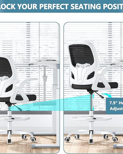Drafting Chair Tall Office Chair for Standing Desk Adjustable Tall Desk Chair with Footrest Ring and Lumbar Support Ergonomic Computer Chair with Flip-up Armrests (White) - LeafyLoom