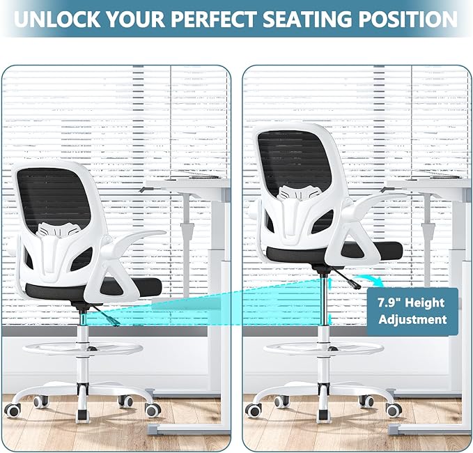 Drafting Chair Tall Office Chair for Standing Desk Adjustable Tall Desk Chair with Footrest Ring and Lumbar Support Ergonomic Computer Chair with Flip-up Armrests (White) - LeafyLoom