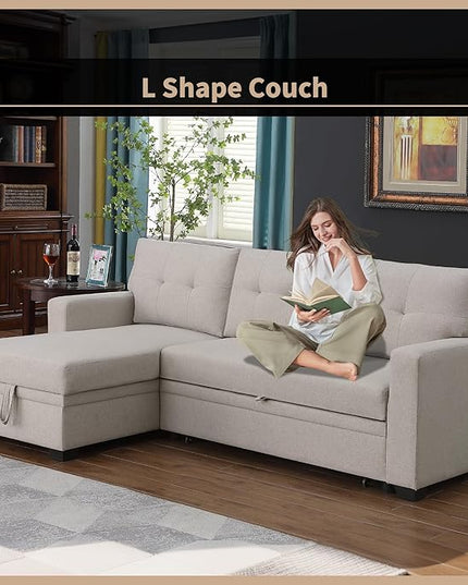 82 Inch Sectional Couch, L Shaped Convertible Sofa Chaise, Linen Reversible Upholstered Pull Out Bed, Storage Space for Living Room, Apartment and Office, Beige, 82inch - LeafyLoom