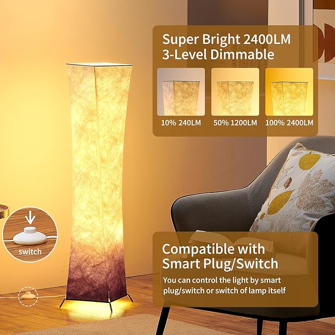 chiphy Floor Lamp, 39" Tall Standing Lamp, 3 Levels Adjustable Brightness LED Bulbs, Column Floor Light, Purple Gradient Fabric Lampshade, Home Decor for Living Room, Bedroom, Kids Room - LeafyLoom