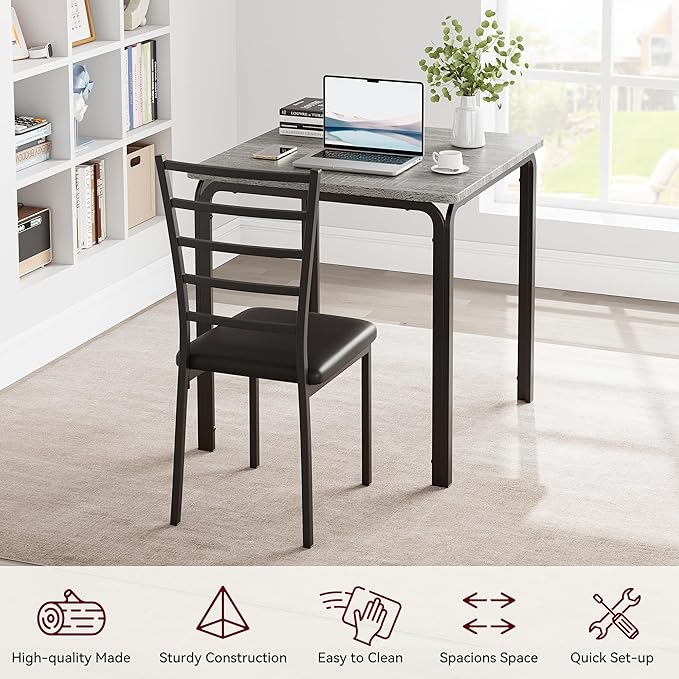 IDEALHOUSE Dining Table for 2, Small Table and Chairs Set of 2, Dinette Set for 2, Square Dinner Table Set, 3 Piece Kitchen & Dining Room Sets for Small Space (Grey, Dining Table with 2Chairs) - LeafyLoom