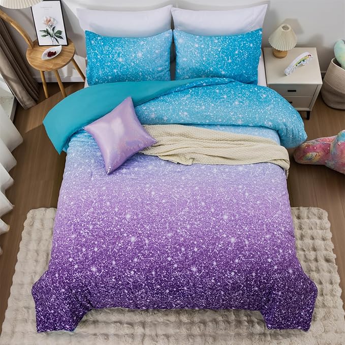 Holawakaka Kids Space Star Glitter Comforter Set Queen Size Girls Ombre Blue & Purple Print Gradient Teens Bedding Set Teens Galaxy Bed Sets (Blue Purple, Queen) - LeafyLoom