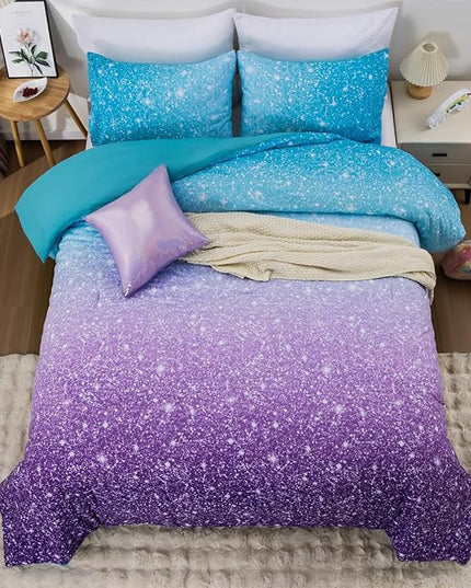 Holawakaka Kids Space Star Glitter Comforter Set Ombre Blue & Purple Print Bedding Set Twin/Twin XL Size Girls Boys Dorm Gradient Galaxy Bed Sets (Blue Purple, Twin) - LeafyLoom