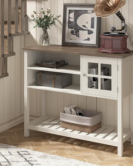 ChooChoo Farmhouse Coffee Bar Cabinet, Buffet Cabinet with Storage, Sideboard Buffet Cabinet with Glass Door, Console Table for Kitchen, Hallway, Entrance, White - LeafyLoom