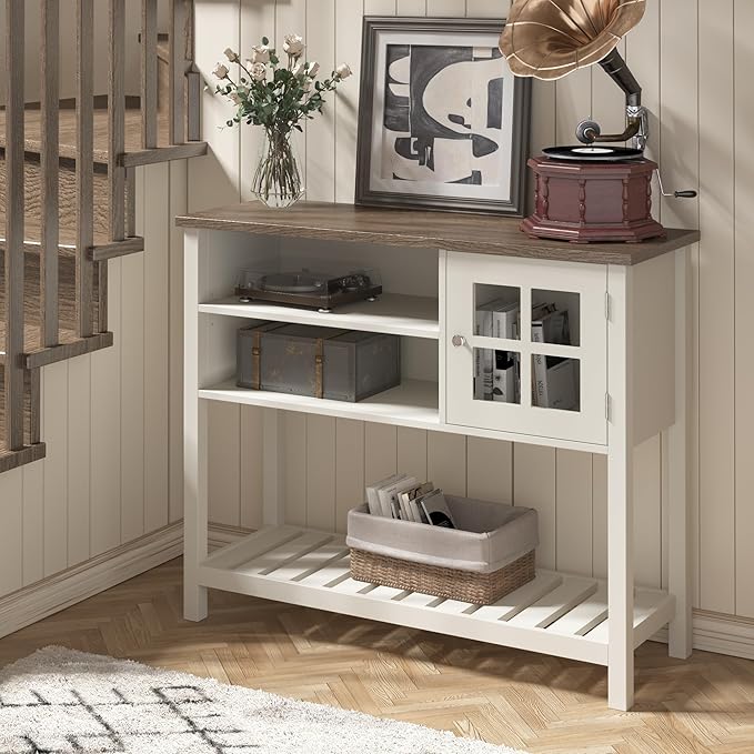 ChooChoo Farmhouse Coffee Bar Cabinet, Buffet Cabinet with Storage, Sideboard Buffet Cabinet with Glass Door, Console Table for Kitchen, Hallway, Entrance, White - LeafyLoom