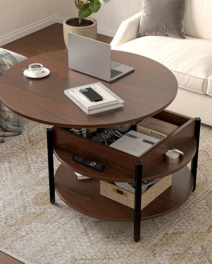 FABATO Round Lift Top Coffee Table for Living Room, 35.43'' Round Coffee Table with Storage and Hidden Compartment, 2 Tier Large Farmhouse Coffee Table Round Dining Table, Espresso - LeafyLoom