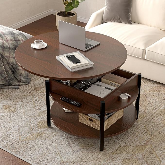 FABATO Round Lift Top Coffee Table for Living Room, 35.43'' Round Coffee Table with Storage and Hidden Compartment, 2 Tier Large Farmhouse Coffee Table Round Dining Table, Espresso - LeafyLoom
