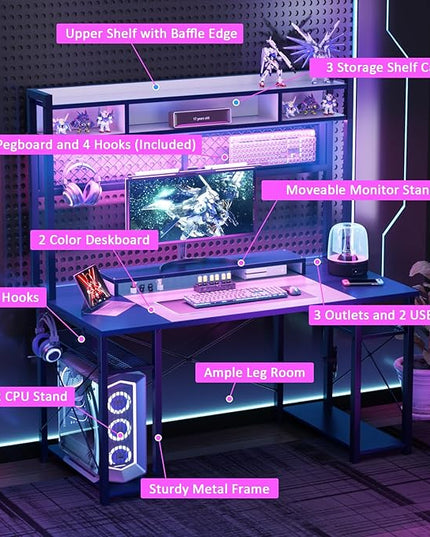 armocity 2024 Upgrade Gaming Desk with Hutch, 48'' Magic Computer Desk with LED Lights and Outlets, Reversible Workstation Desk with Pegboard and Monitor Stand, 48 Gamer Desk PC Table, White and Blue - LeafyLoom