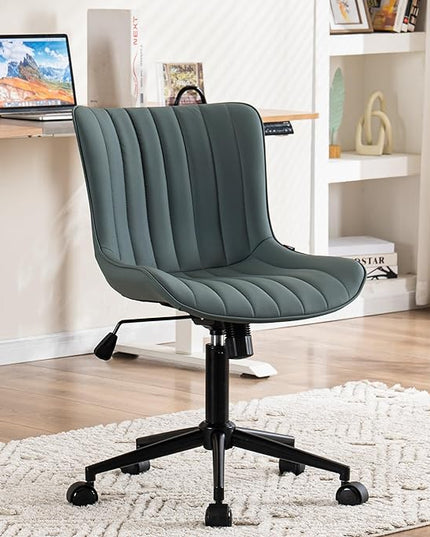 YOUNIKE Armless Office Chair Swivel Desk Chair with Wheels Upholstered Leather Computer Chair Adjustable Task Chair Modern Rolling Chair with Back, Greyish Green - LeafyLoom