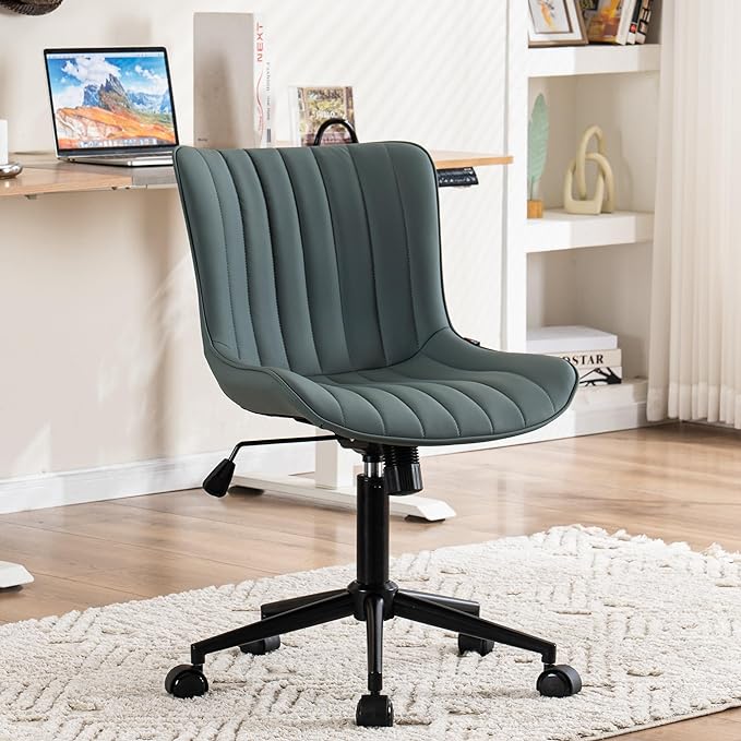 YOUNIKE Armless Office Chair Swivel Desk Chair with Wheels Upholstered Leather Computer Chair Adjustable Task Chair Modern Rolling Chair with Back, Greyish Green - LeafyLoom