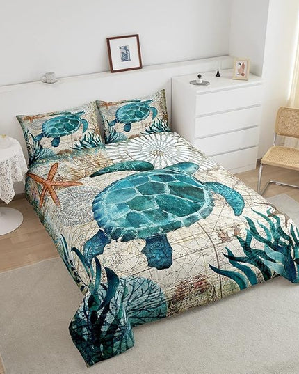 Turtle Bedding Teal Turtle Comforter Set Turquoise Ocean Themed Mediterranean Style Printed Design Ocean Turtle Down Comforter Quilted Duvet Set King Size 1 Comforter 2 Pillowcases (King, Turtle) - LeafyLoom