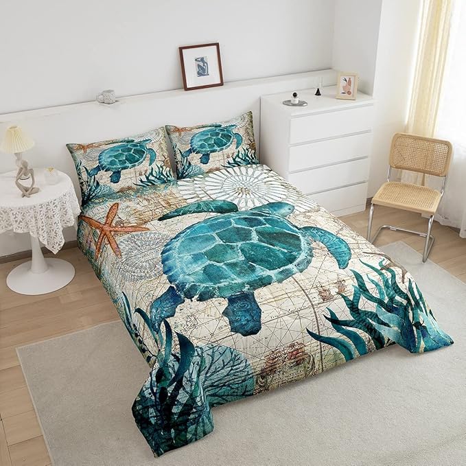 Turtle Bedding Teal Turtle Comforter Set Turquoise Ocean Themed Mediterranean Style Printed Design Ocean Turtle Down Comforter Quilted Duvet Set King Size 1 Comforter 2 Pillowcases (King, Turtle) - LeafyLoom
