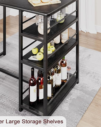 Dining Table Set for 2, Kitchen Table and Upholstered Chairs for 2, 3 Piece Counter Height Bar Table Set with 3 Large Storage Shelves for Small Space, Apartment, Studio, Rustic Black - LeafyLoom