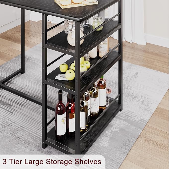Dining Table Set for 2, Kitchen Table and Upholstered Chairs for 2, 3 Piece Counter Height Bar Table Set with 3 Large Storage Shelves for Small Space, Apartment, Studio, Rustic Black - LeafyLoom