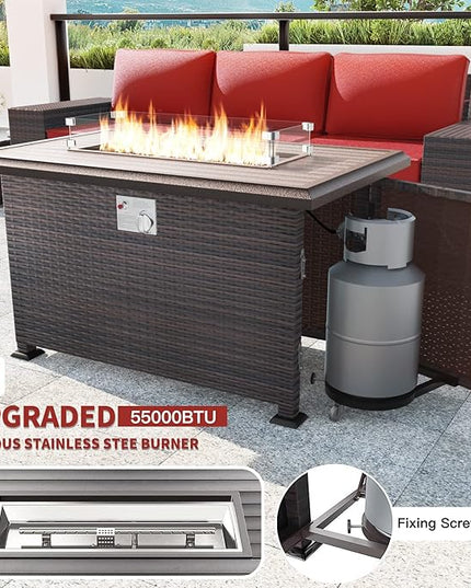 Kullavik 13 Pieces Outdoor Patio Furniture Set with 43" 55000BTU Gas Propane Fire Pit Table PE Wicker Rattan Sectional Sofa Patio Conversation Sets,Red - LeafyLoom