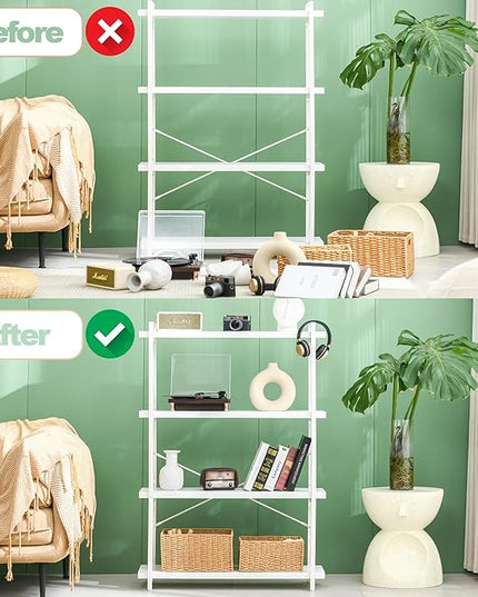 HCHQHS Bookshelf, 4-Tier Industrial Bookcase, White Open Book Shelf, Freestanding Tall Bookshelves with Metal Frame - LeafyLoom