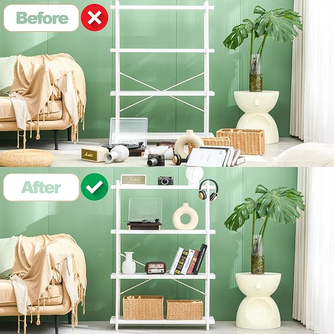 HCHQHS Bookshelf, 4-Tier Industrial Bookcase, White Open Book Shelf, Freestanding Tall Bookshelves with Metal Frame - LeafyLoom